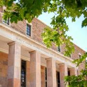 The Norlin Library framed by leaves from a nearby tree.